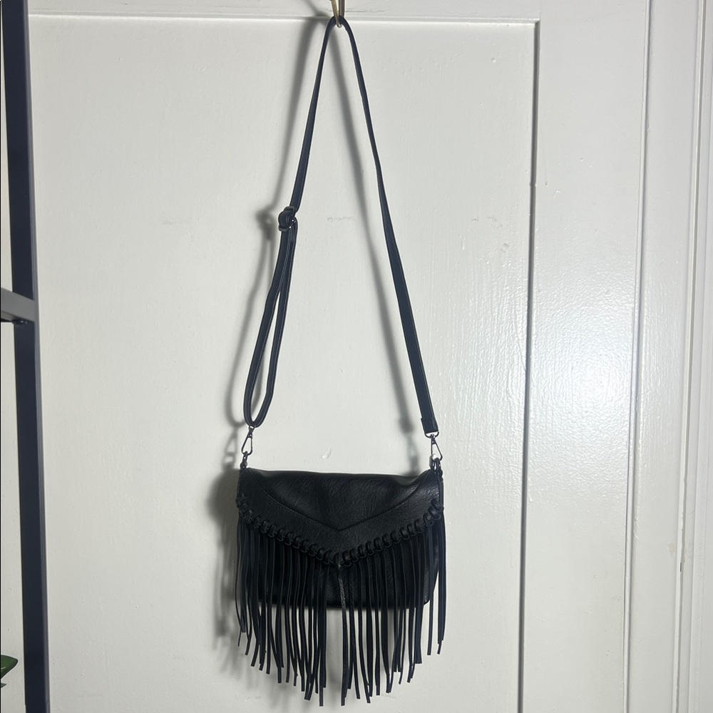 Black Faux Leather Fringe Crossbody Bag - Boho~ Western~ Hippie